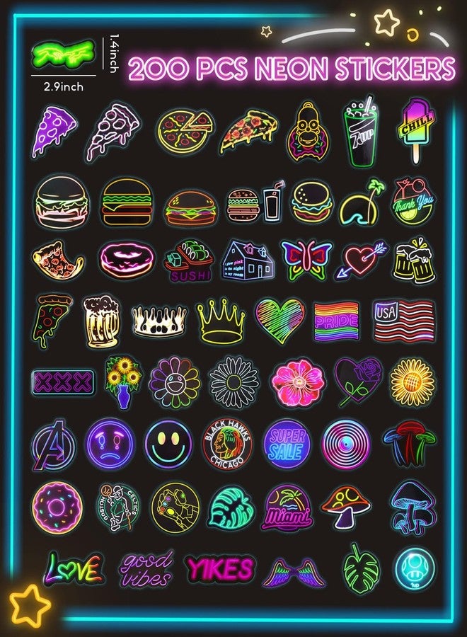 GAUENEEN 200Pcs Water Bottle Stickers Cool Neon Stickers, Waterproof Vinyl Sticker, Sticker Pack for Laptop Skateboard Journal Notesbook Computer Phone Cup Guitar Luggage etc - Image 2